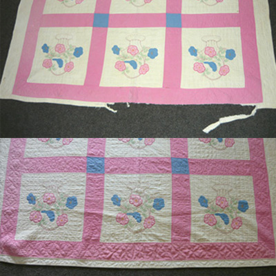 The restoration process, depicting a before and after of a pink quilt with a torn and frayed border.