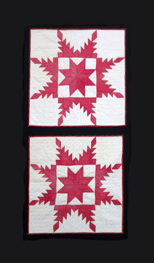 f314-315 Turkey Red and White Feathered Star with Turkey Red Ohio Star Centers Fragment