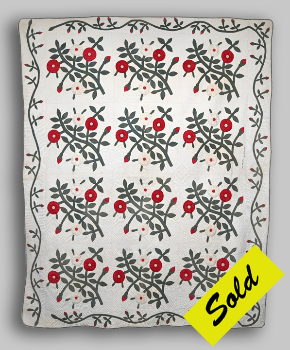 Q9253 Signed and Dated Folk Art Roses and Buds Quilt